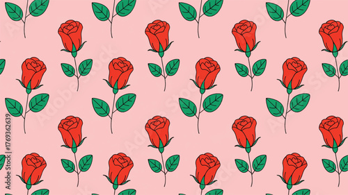 Repeating Pattern of Red Roses with Green Leaves on Light Pink Background .