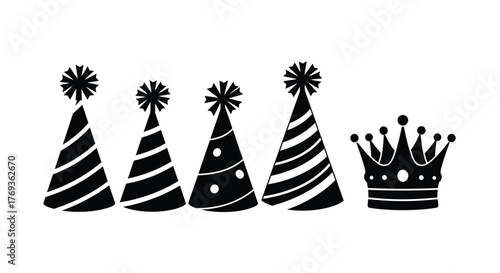 A collection of party hats and a crown in black and white