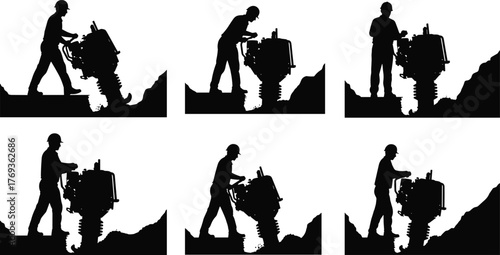 Silhouette vector illustration of construction worker operating jackhammer on ground surface with safety helmet, vibration tool, drilling, demolition, excavation, and industry