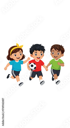 Joyful children running together, playing with a soccer ball, perfect for youth sports campaigns and summer fun promotions
