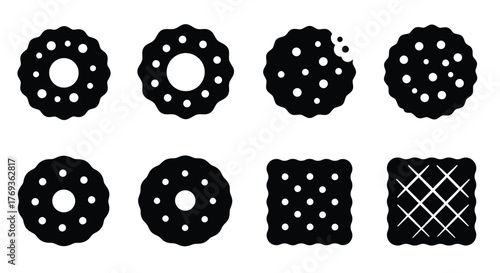 A collection of monochrome biscuit and cookie icons in varying shapes