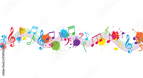 Colorful musical notes dancing across the staff, perfect for vibrant music promotions and educational materials with a playful, creative vibe