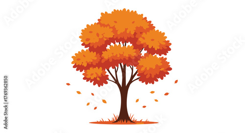 A vibrant autumn tree displays colorful foliage and falling leaves gracefully