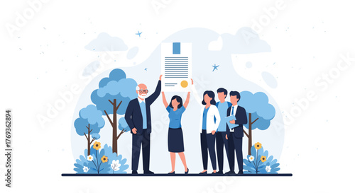 Team celebrating contract success in park setting, showing company achievement and teamwork, perfect for corporate communications and company growth