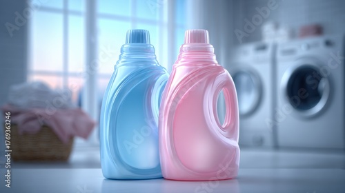 Two bottles of laundry detergent in a bright laundry room setting. These colorful bottles are sitting close to each other in front of the blurry washing machine and laundry basket in the room