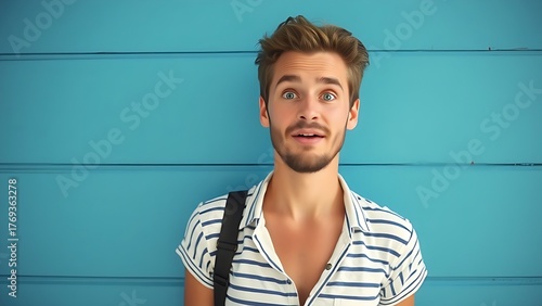 vacationer. A relaxed vacationer in nautical attire against a blue wall, looking surprised. tourism brochures, itinerary planners, designed for hospitality marketing for hotel rooms and spa retreats.