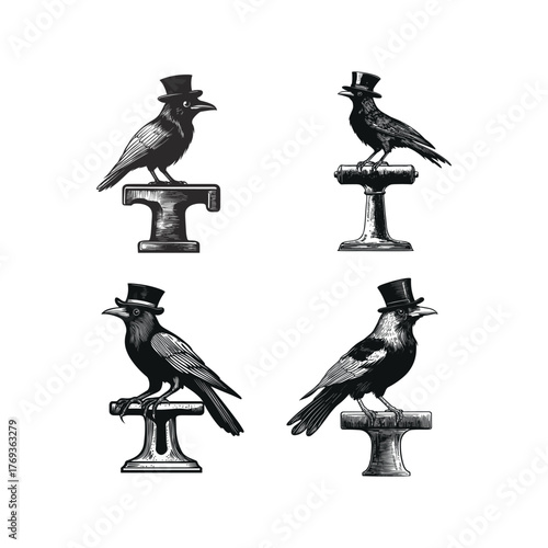 A set of four unique monochrome vector illustrations featuring a distinguished raven or crow wearing a gentleman's top hat, perched on an antique pedestal or bollard