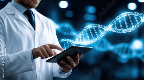 A scientist conducting research with a tablet, featuring a DNA strand illustration in the background