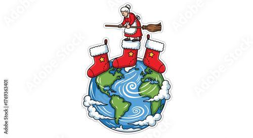 Mrs Claus sweeping the world clean for Christmas above festive stockings, bringing holiday cheer and global unity with a touch of magic