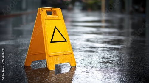 A wet floor warning sign is displayed on a wet surface, a warning against slipping hazard
