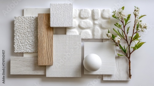 An interior design mood board featuring a collection of textures and materials including wood, stone, and fabric samples, accented with a delicate floral branch.