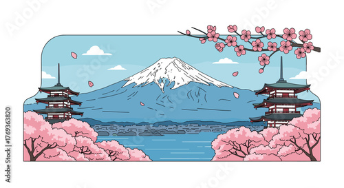 Stunning view of Mount Fuji with pagodas and blooming cherry blossoms creating a picturesque Japanese landscape