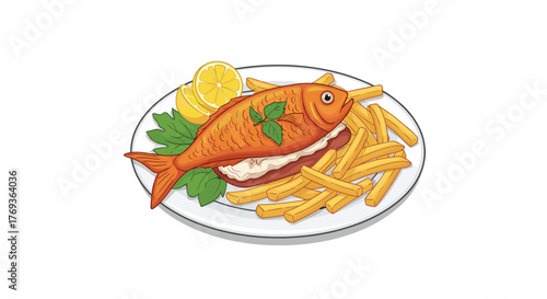 Delicious fried fish and crispy french fries served with fresh lemon slices and green parsley on a clean white plate, a perfect meal