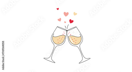 Cheers to love and celebration with sparkling champagne and floating hearts creating a festive, romantic atmosphere