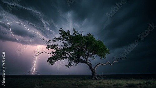 superego. A lone tree bent by strong winds during a stormy night with dramatic lighting. ESG reports, sustainability campaigns, designed for sustainability communications and ESG reporting.