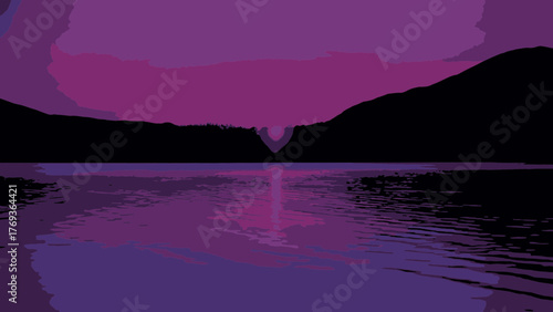 Serene lake reflecting the silhouette of mountains at twilight creating a peaceful and calming scene, perfect for travel brochures, nature blogs, and mindful meditation resources