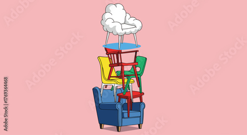 Whimsical stacked chairs reaching for the sky, symbolizing ambition, dreams, and creative solutions for bold ideas