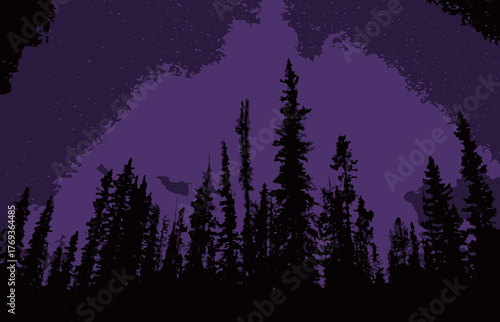 Enchanting silhouette of towering evergreen trees against a mesmerizing starry night, conjuring feelings of wonder, tranquility, and the serene beauty of nature, perfect for calming visuals