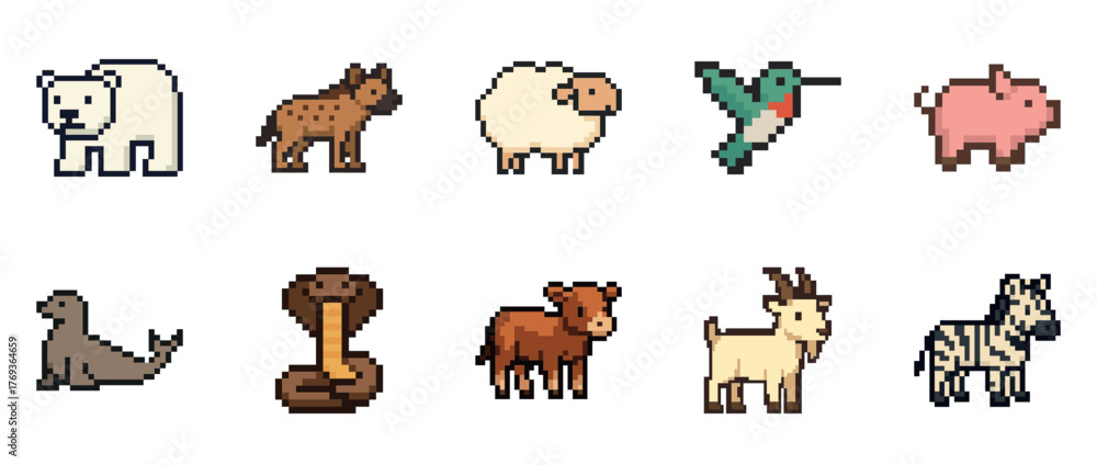 Obraz premium Pixel art animals: diverse 8-bit wildlife collection