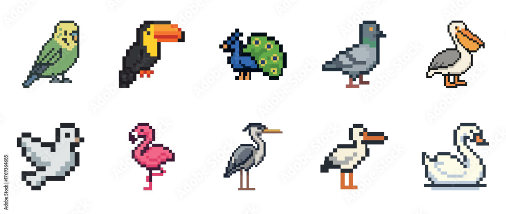 Naklejka premium Pixel art collection of colorful birds on white background