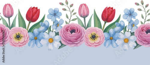 Floral Border Design – Spring Botanical Frame | tulip flowers, ranunculus border, forget-me-nots, daisy frame, floral pattern, spring decoration, botanical edge