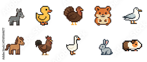 Colorful pixel art animals collection with farm and pet creatures