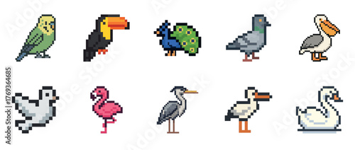 Pixel art collection of colorful birds on white background