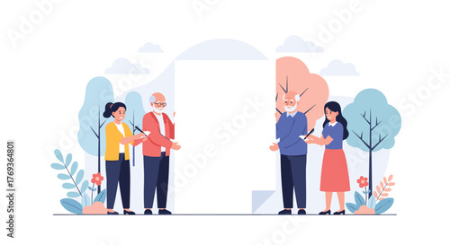 Diverse families collaborate on project, presenting ideas with enthusiasm in bright, modern outdoor setting