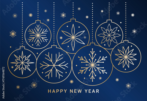 Happy New Year banner design. Gold colored christmas ornate toys composition. Xmas winter abstract geomety line art snowflakes on the balls. EPS 10 vector dark blue background.