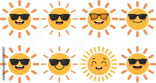 Collection of suns wearing sunglasses sun, sunglasses, yellow, face, happy, cartoon, summer, smiling, illustration, cute, graphic, design, icon, bright, heat, rays, cheerful, character, object