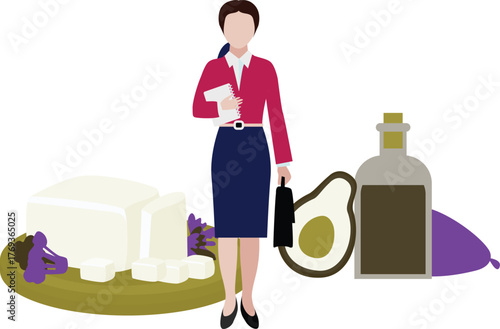 A dietitian is standing next to food items