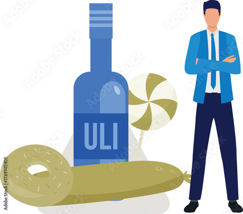 A man is explaining the benefits of candies, milk, and bread.