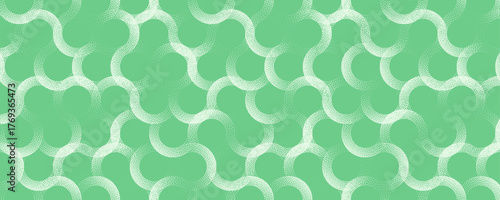 Vector abstract wide panoramic background with overlapping circular line grid elements and halftone grainy texture. Graphic abstraction in calm green palette, perfect for tech or organic design themes