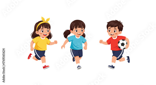 Joyful children actively playing soccer together in vibrant sports attire, embodying teamwork and healthy childhood fun