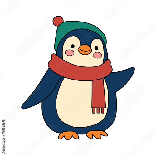 Clipart flat illustration of a cute penguin wearing red scarf winter vector