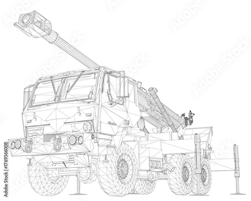 Military truck with crane and rocket launcher in detailed wireframe view. This 3D model is isolated on a white background for versatile use.
