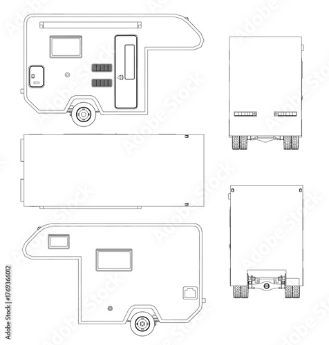 Camper trailer blueprint set with detailed contour drawing, featuring wheels, windows, and other essential components on a clean white background.