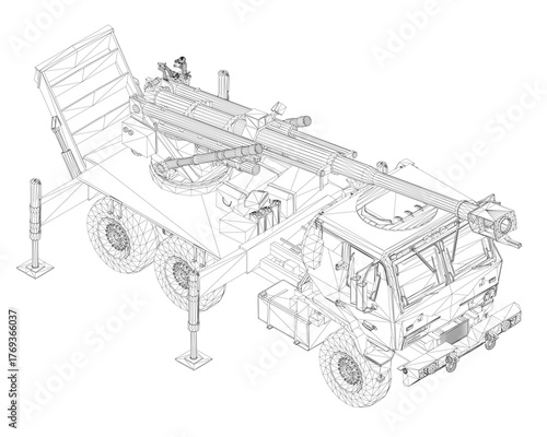 Military rocket launcher truck in 3D wireframe model with mounted gun on a clean white background. Isometric view