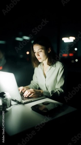 Woman Working on Laptop in Modern Office at night. Typing on a laptop, fashion style. Vertical video.