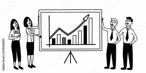 Business team presenting financial growth chart on a whiteboard with positive upward trending arrow line