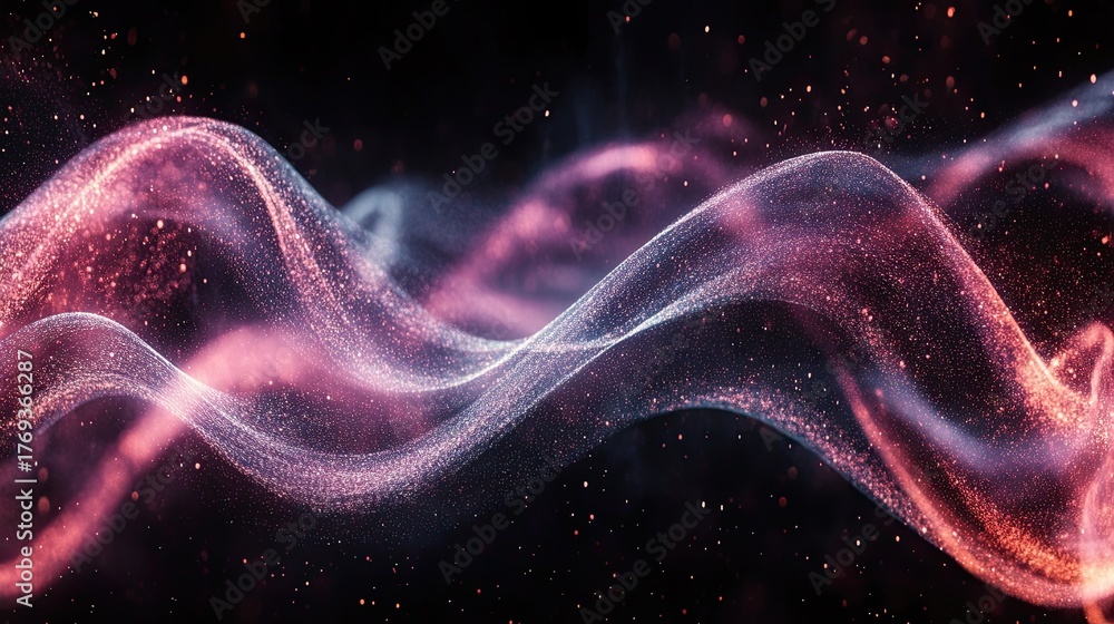 © Olga Ко - Fundo brilhante deslumbrante com partículas e ondas em cores pastéis sobre fundo preto, modelo, mockup para design festivo, aniversário, Natal, Ano Novo e festa.