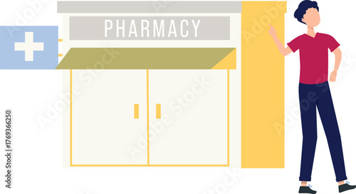 The boy is pointing a pharmacy.