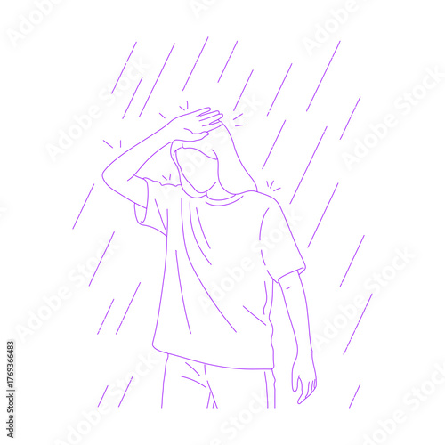 Line art illustration of person covering head from rain