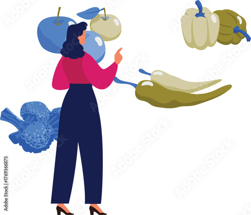 The girl is explain vegetable and fruit diet