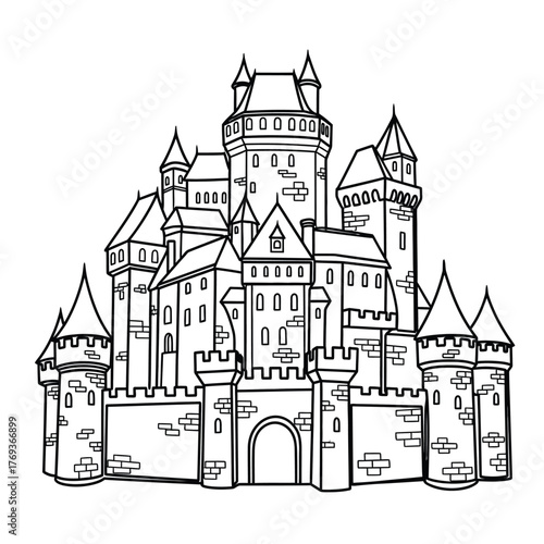 Detailed outline drawing of a grand medieval castle with towers and walls