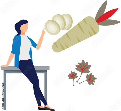 The girl is pointing carrot pieces.