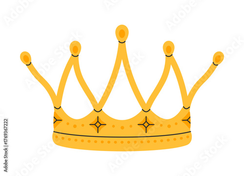 Crown icon. Golden royal jewels headdress. Symbol of king, queen, prince and princess. Aristocratic, coronation, monarchy concept. Hand drawn flat vector illustration on white background