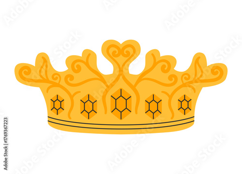 Crown icon. Golden royal jewels headdress. Symbol of king, queen, prince and princess. Aristocratic, coronation, monarchy concept. Hand drawn flat vector illustration on white background