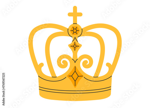 Crown icon. Golden royal jewels headdress. Symbol of king, queen, prince and princess. Aristocratic, coronation, monarchy concept. Hand drawn flat vector illustration on white background