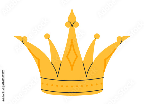 Crown icon. Golden royal jewels headdress. Symbol of king, queen, prince and princess. Aristocratic, coronation, monarchy concept. Hand drawn flat vector illustration on white background